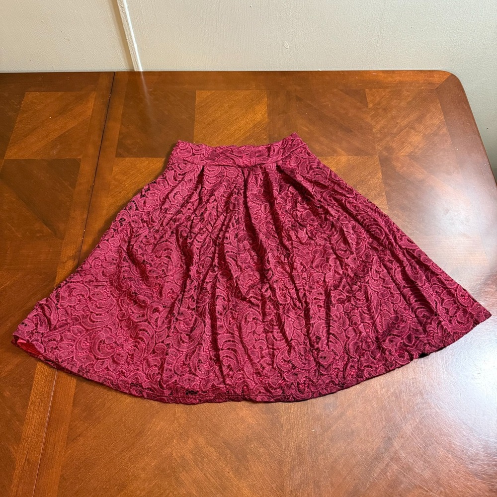 Women's Lace Skirt S Burgundy A-Line Floral Overlay Lined Dressy‎ Party Skater S